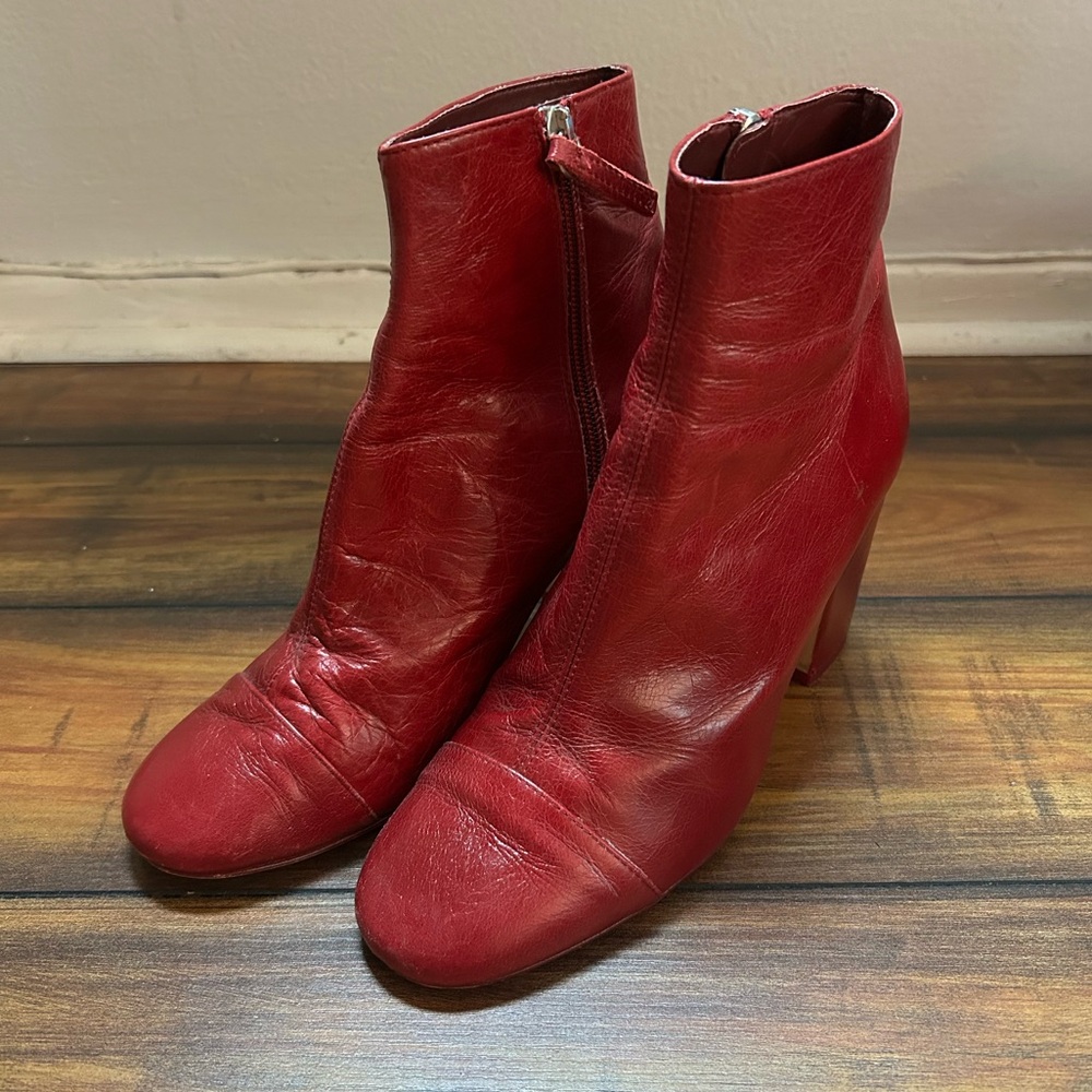 Zara Burgandy Red Leather Ankle Boots Sz 38 Spain Made